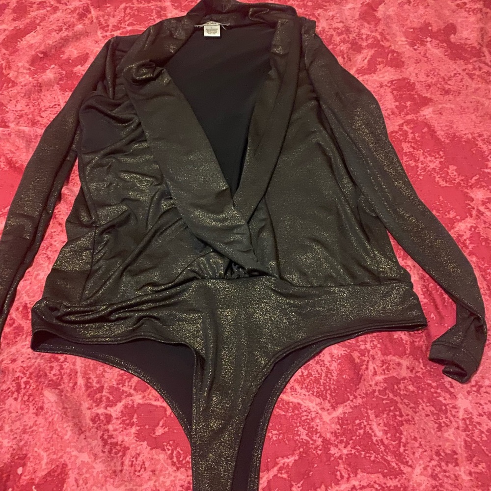 Arden B Womens Black Long Sleeve Plunging Neck Bodysuit Stretchy Size L - Picture 1 of 5